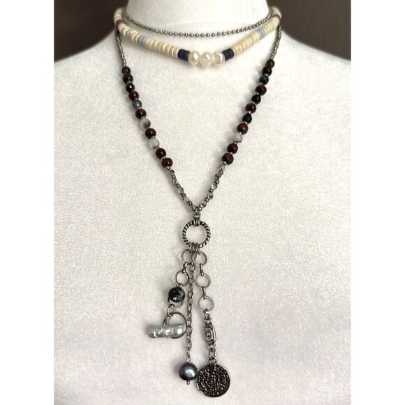Free People Necklace Layered Charm Silver Beaded NWT - Picture 1 of 5